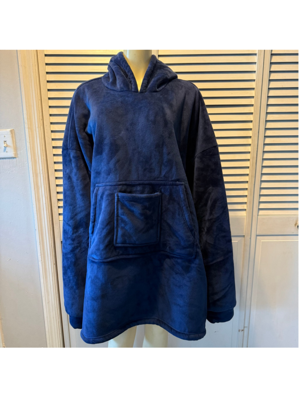 RONGO Oversized Sherpa Fleece Blanket Hoodie Navy Blue Pullover Kangaroo Pocket